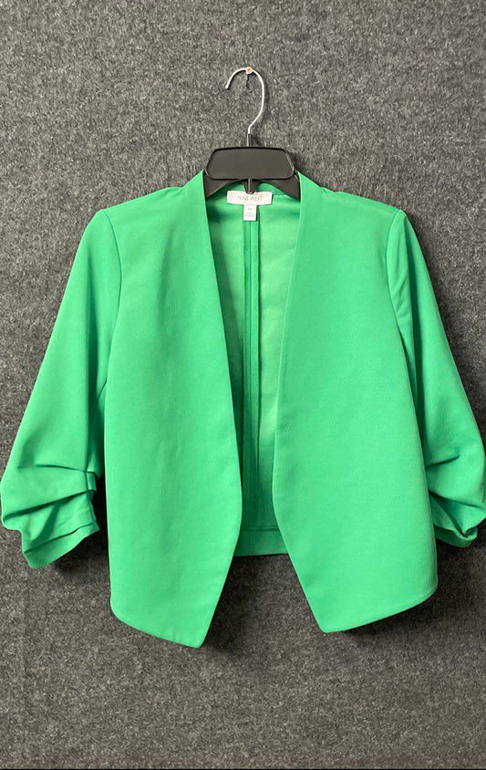 Nine West Women's Green Cropped Open Front Blazer Jacket Ruched Sleeve Sz PM