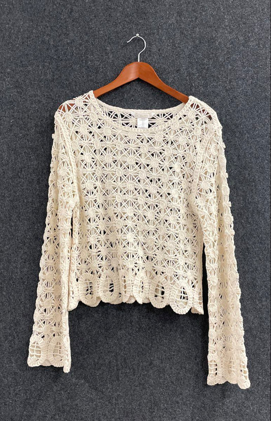 La Blanca Women's Ivory Open Knit Crochet Beach Cover Up Shirt Sz M