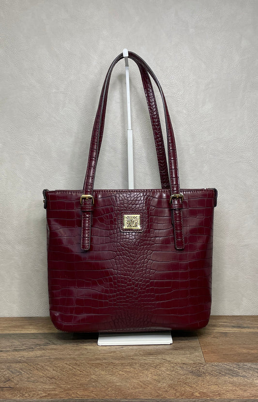 Anne Klein Burgundy Croco Embossed Faux Leather Shoulder Tote Bag Gold Tone