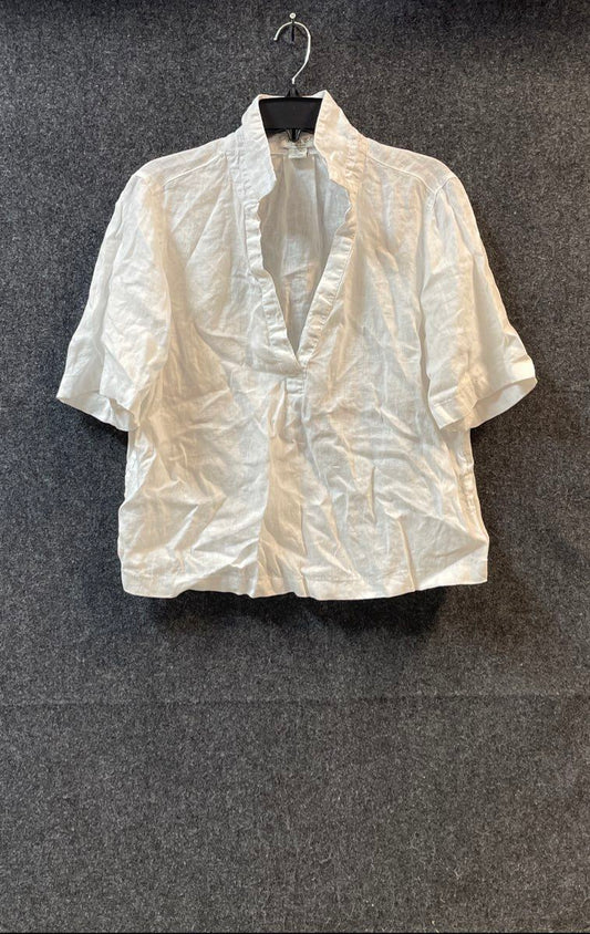 Rachel Zoe Women's White 100% Linen Short Sleeve Split Neck Shirt Blouse Sz L