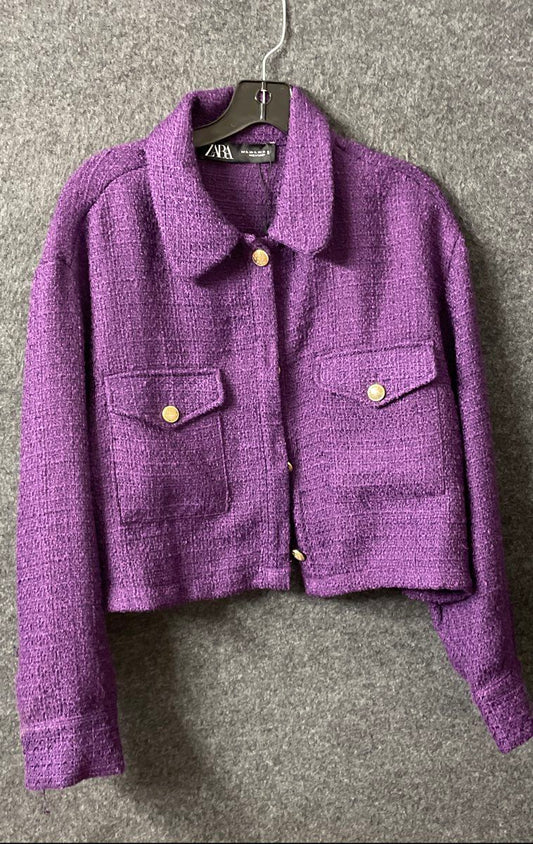 Zara Women's Purple Tweed Cropped Jacket Gold Buttons Size XL