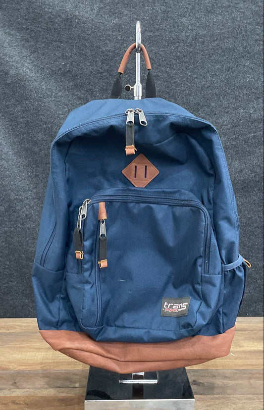Trans by JanSport Navy Blue Backpack Brown Faux Leather Base Multi-Pocket
