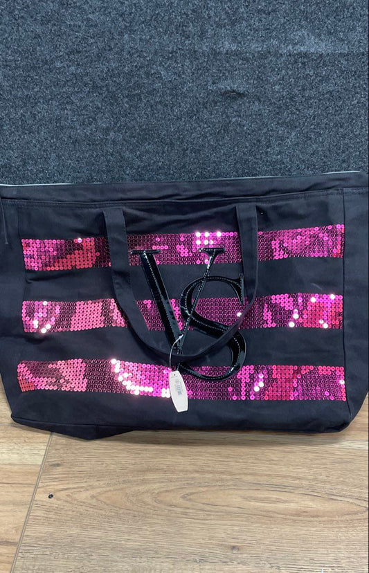 Victoria's Secret Black Pink Sequin Stripe Large VS Logo Tote Bag NWT