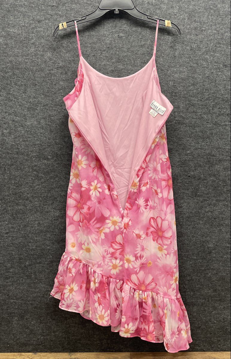 Vintage Y2K Donna Ricco Women's Pink Floral Ruffle Hem Spaghetti Strap Dress 14