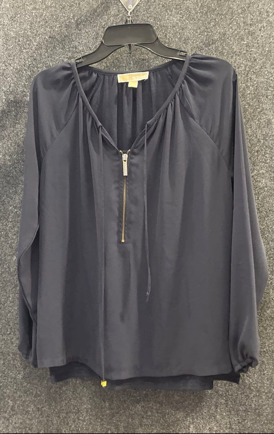 Michael Kors Women's Navy Blue 1/4 Zip Tassel Tie Tiered Tunic Dress Blouse Sz 4