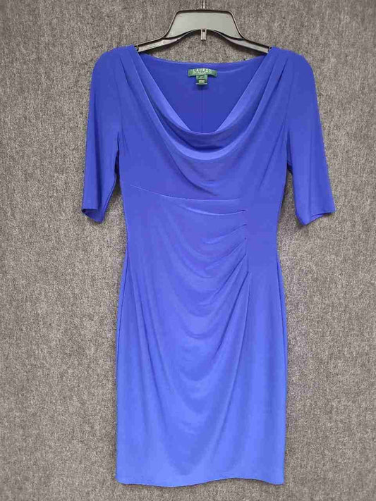 Lauren Ralph Lauren Women's Cobalt Blue Cowl Neck Ruched Sheath Dress Sz 4P