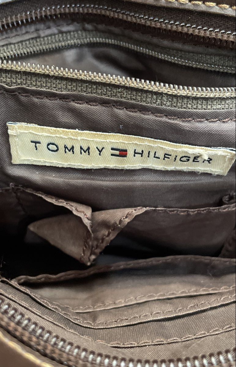 Vintage Tommy Hilfiger Brown Leather Satchel Handbag Silver Hardware