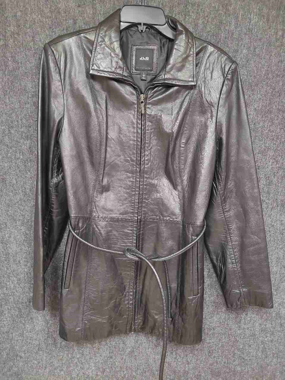 JLC New York Women's Black Leather Full Zip Belted Trench Style Jacket Size L