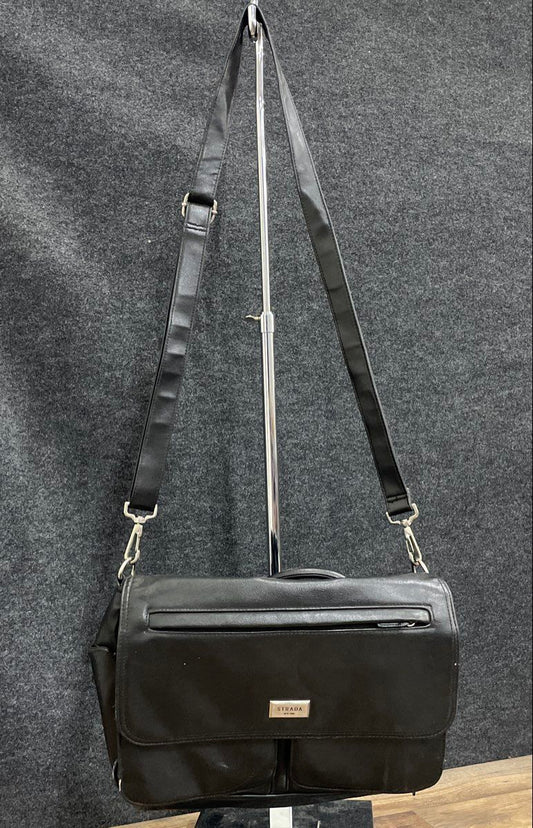 Strada New York Black Leather Messenger Bag Laptop Briefcase Silver Hardware