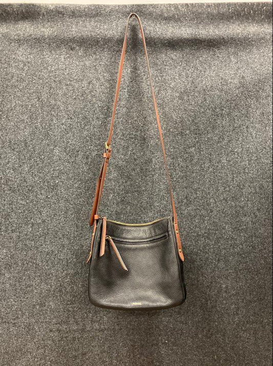 Fossil Black Pebbled Leather Crossbody Bag Brown Adjustable Strap Gold Tone