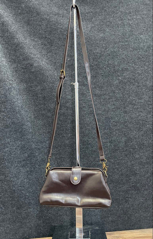 Unbranded Dark Brown Leather Frame Top Crossbody Handbag Vintage Style Brass