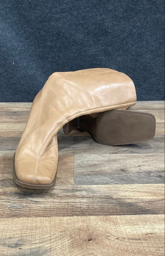 Maripe Tan Leather Square Toe Block Heel Tall Zip Boots Women's Size 8B