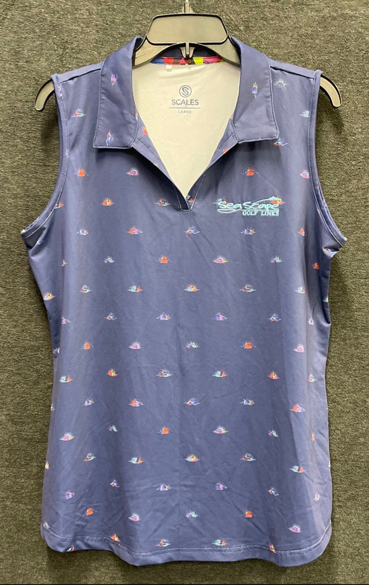 Scales Women's Sleeveless Polo Golf Shirt Blue SeaScape Golf Links Sunset L