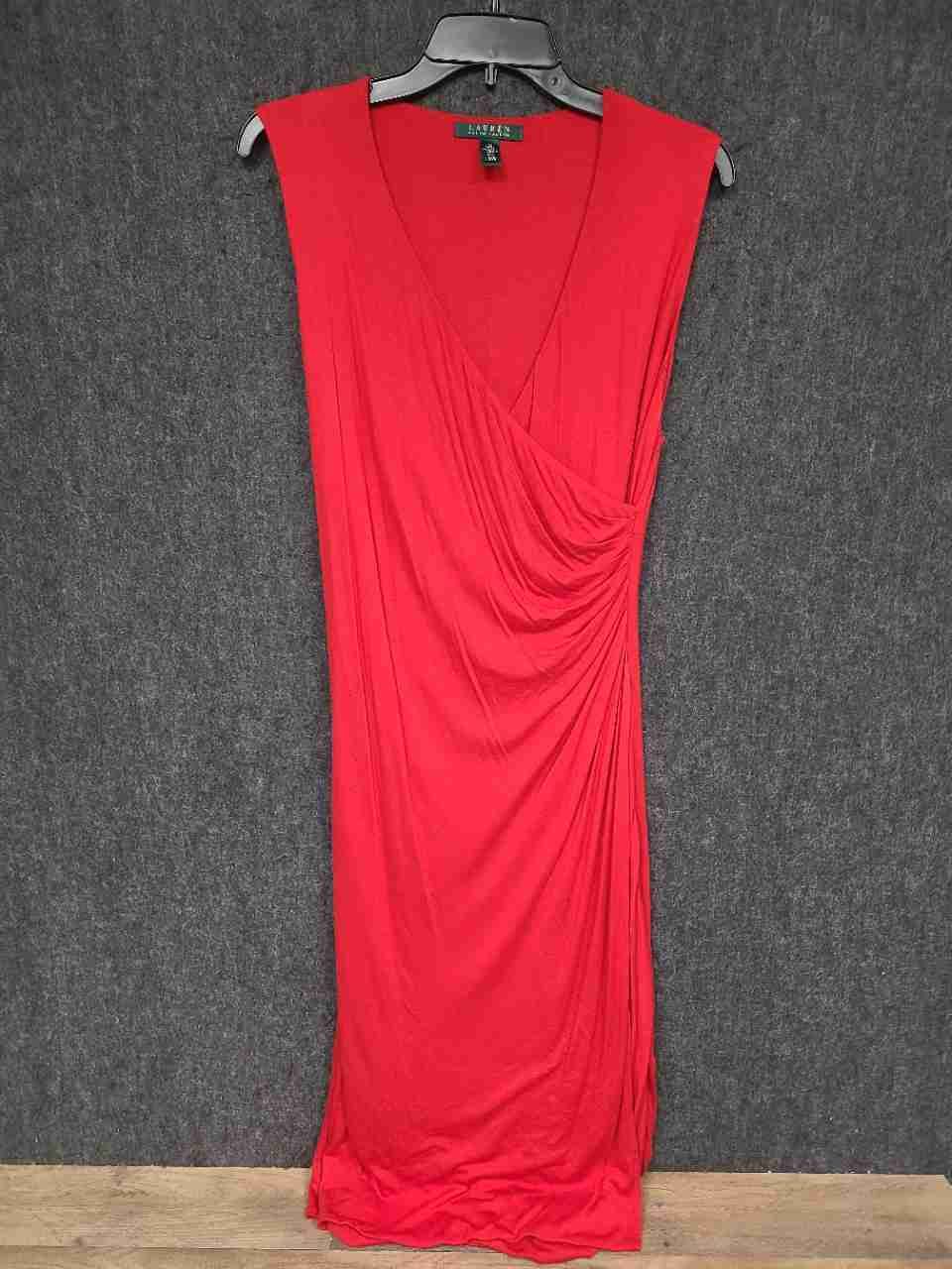 Lauren Ralph Lauren Women's Red Sleeveless Faux Wrap Ruched Viscose Dress Sz M
