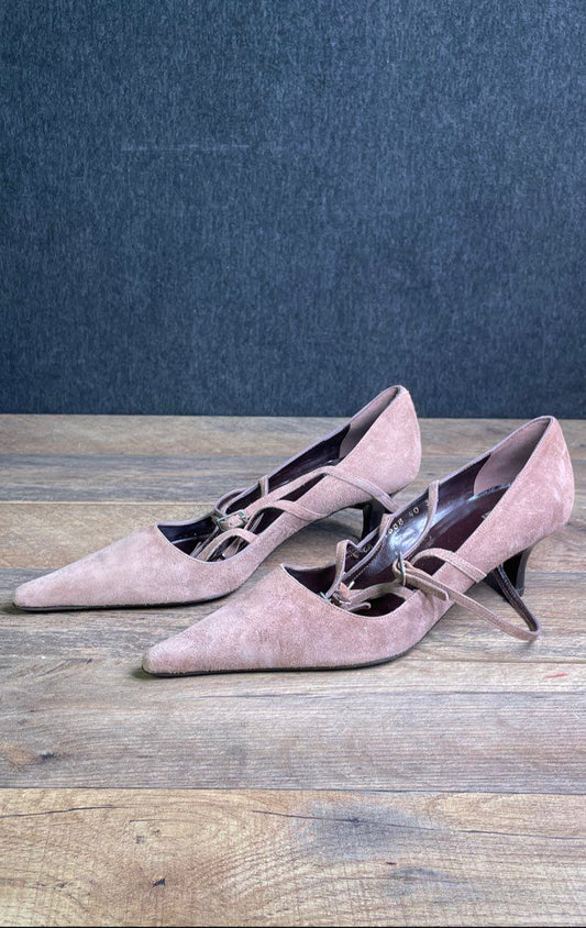 Vintage Y2K Innui Beige Suede Strappy Pointed Toe Kitten Heel Pumps Size EU 36