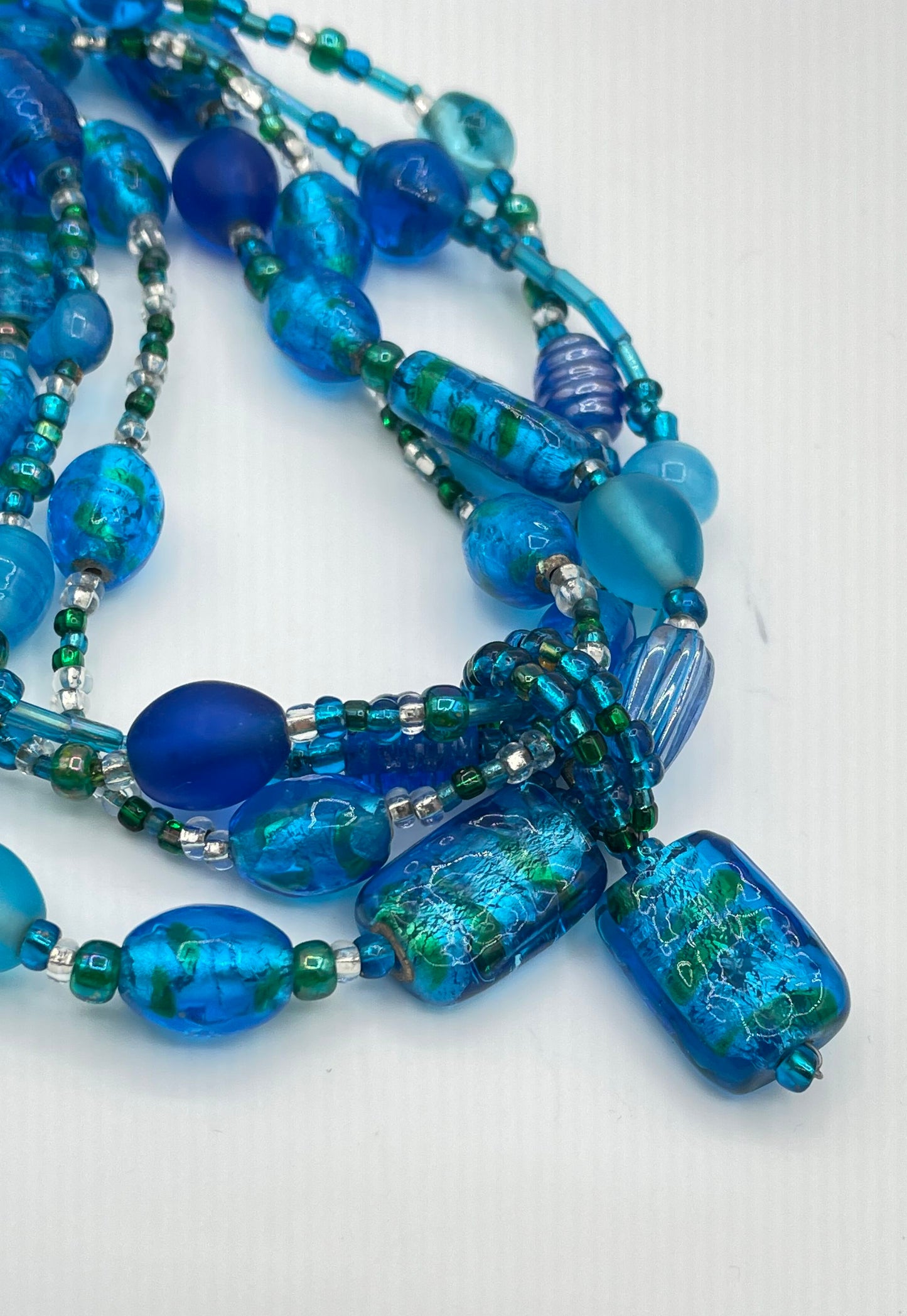 925 Clasp Blue Glass Bead Multi-Strand Chunky Necklace 106g