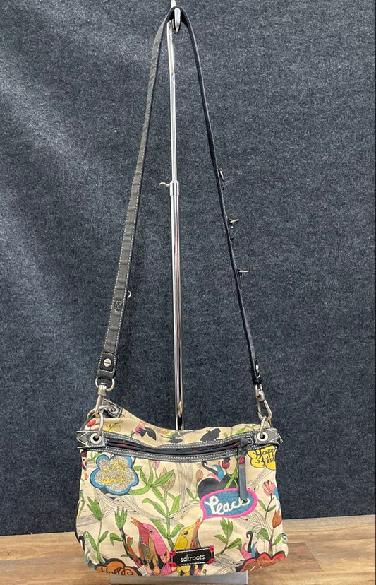 Sakroots Tan Nature Bird Print Canvas Crossbody Bag Peace Nature Patches