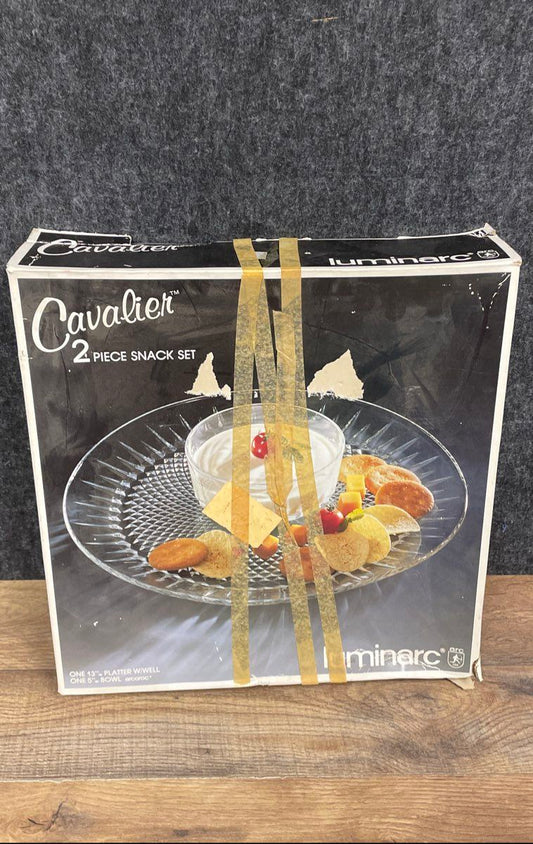 Vintage Luminarc Cavalier 2 Pc Snack Set 13" Platter & Bowl Pressed Glass