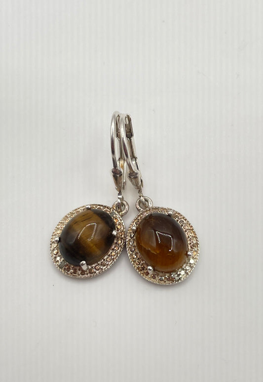 925 Sterling Silver Tiger's Eye Cabochon Leverback Drop Earrings 3.6g