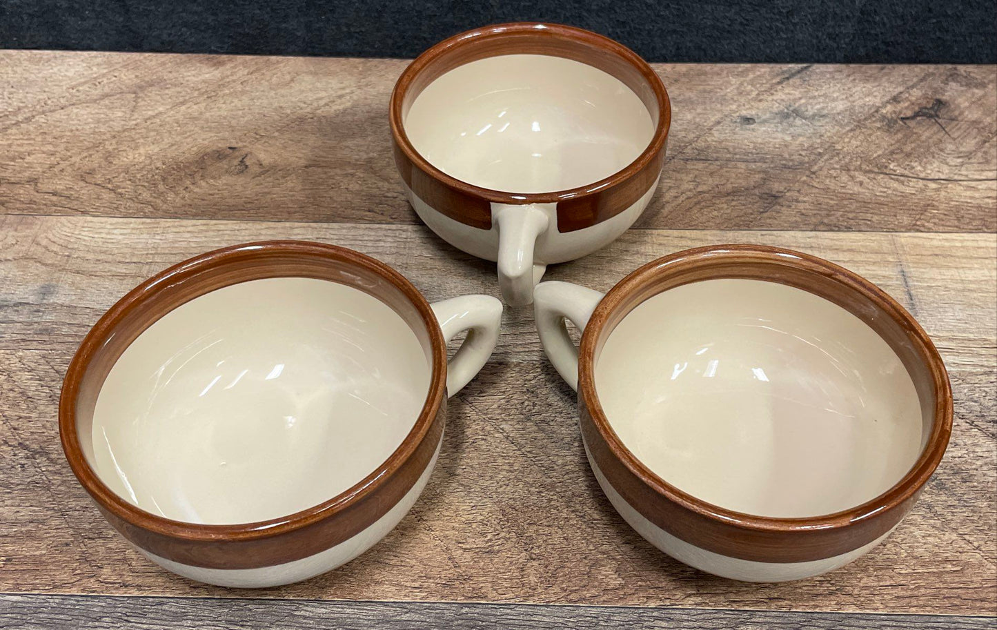 Lot Of 3 Sterling East Liverpool Ohio Brown Pottery Handled Soup Bowls