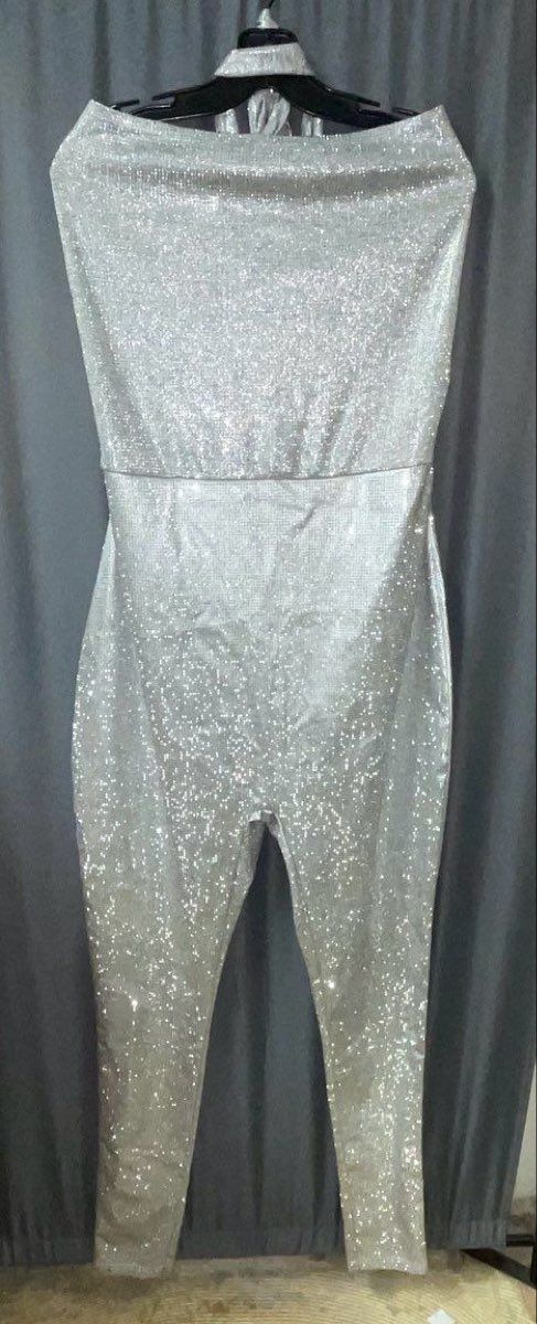 NWT Akira Women's Silver Sparkly Glitter Strapless Halter Jumpsuit Sz 1X