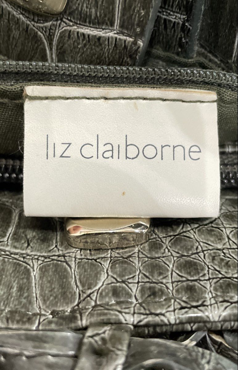 Liz Claiborne Green Croc Embossed Leather Tote Handbag Brass Studded