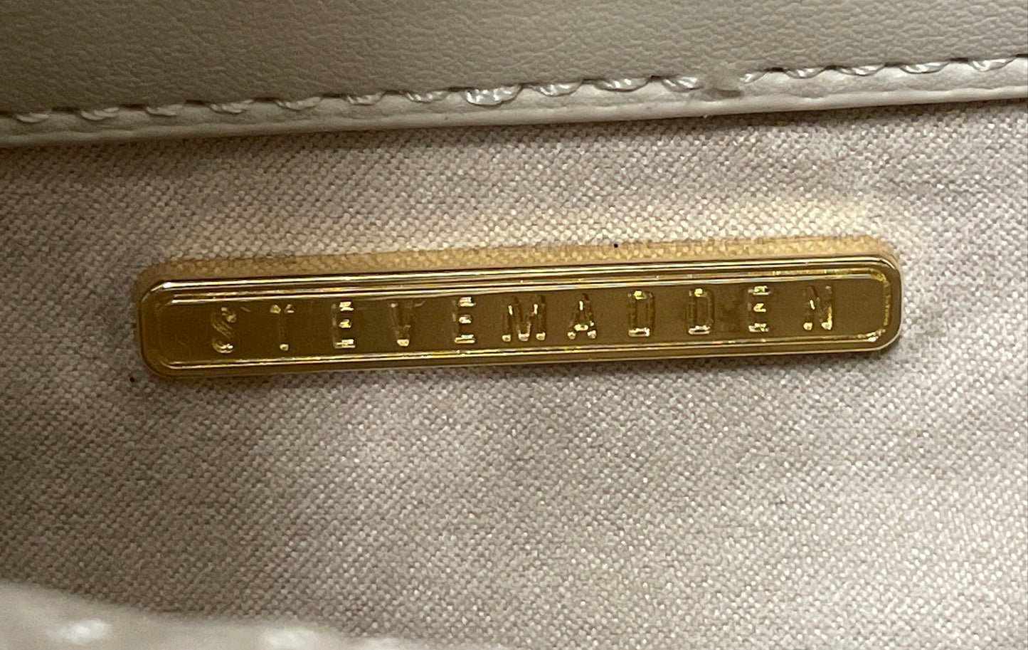 Steve Madden Beige Cream Faux Leather SM Logo Tote Bag Gold Hardware