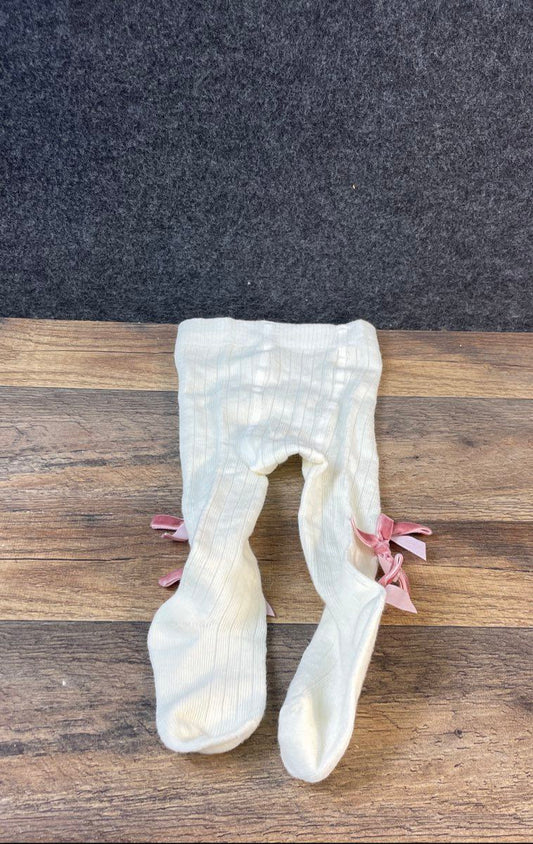 Baby Girls Cream Ribbed Knit Footed Tights Pink Velvet Bow Accents