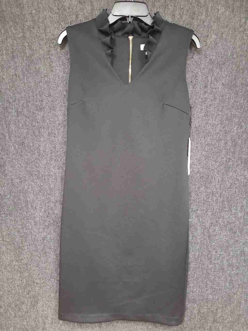 Calvin Klein Women's Black Sleeveless Ruffle Neck Sheath Dress Sz 10 NWT