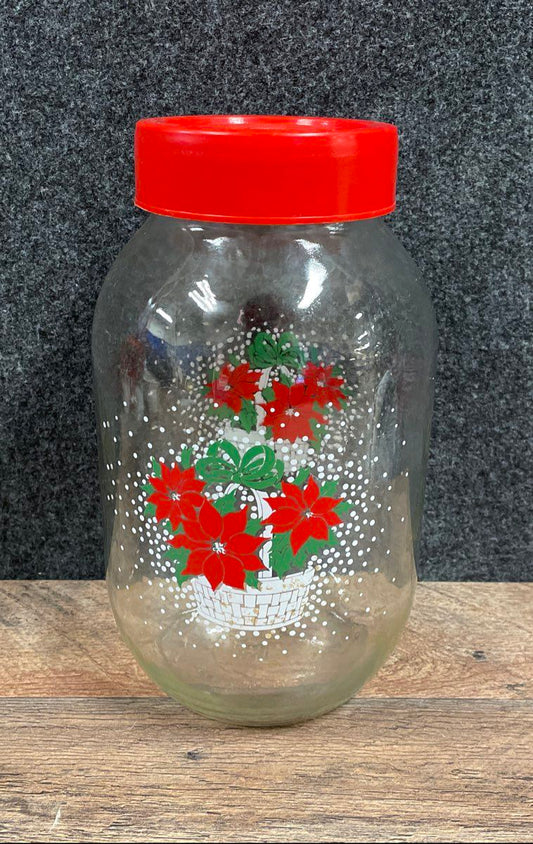 Vintage Carlton Glass 3L Cookie Jar Poinsettia Basket Christmas Holiday USA