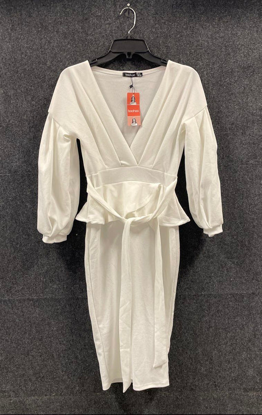 Boohoo Women's White Off The Shoulder Wrap Peplum Midi Dress Sz 6 NWT