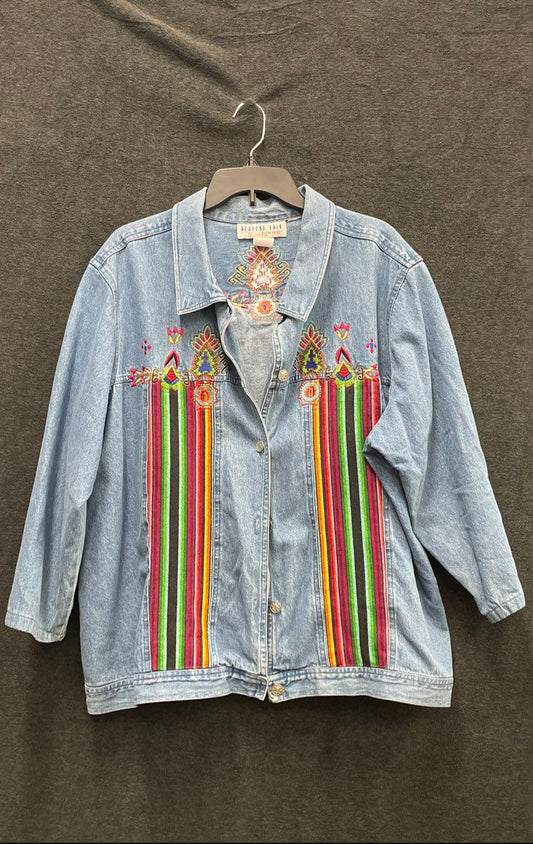 Bedford Fair Women's Vintage Y2K Blue Embroidered Denim Jacket Boho Striped 2X