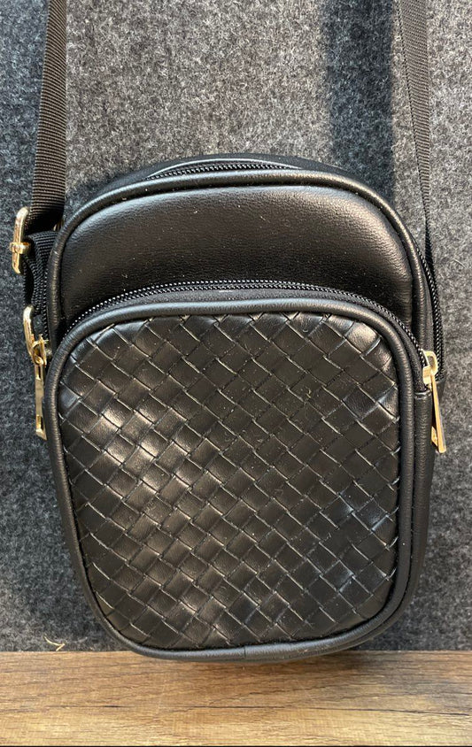 LD Black Woven Faux Leather Crossbody Bag Gold Hardware Small Purse
