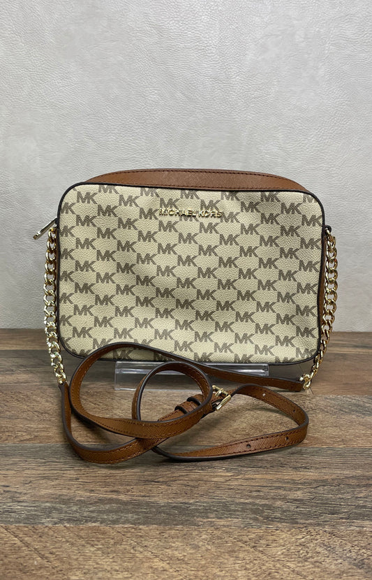 Michael Kors Brown Tan Signature MK Monogram Crossbody Camera Bag Gold Hardware