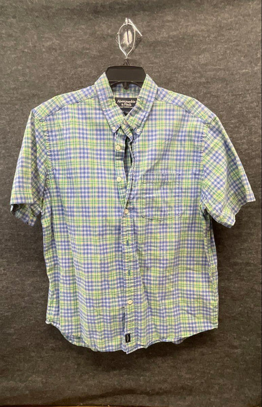 Abercrombie & Fitch Men's Button Up Shirt Green Blue Plaid Short Sleeve Sz L