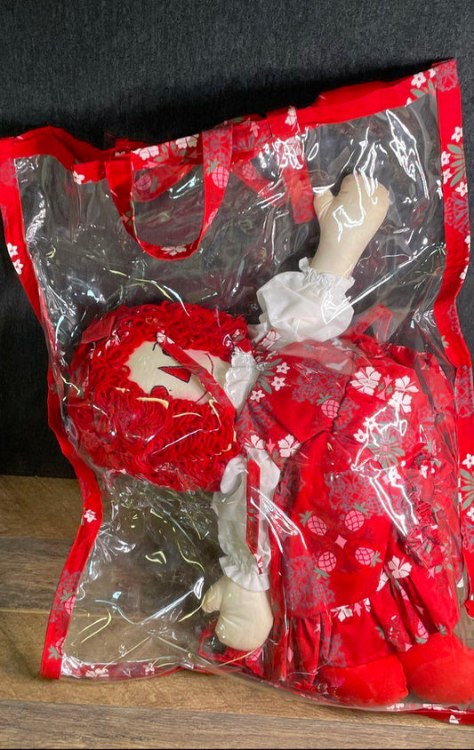 Vintage Handmade Rag Doll Red Yarn Hair Hawaiian Print Dress w/ Bag 1980s