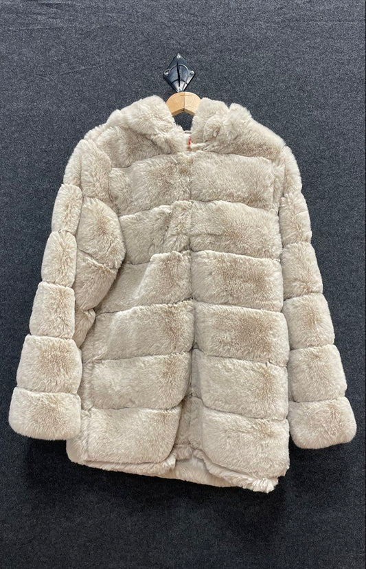Red Marine Women's Cream Faux Fur Hooded Tiered Paneled Jacket Coat Sz XL