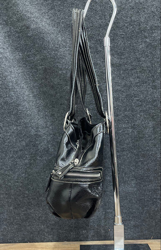 Rossetti Black Leather Shoulder Bag Purse Silver Hardware Double Strap Large