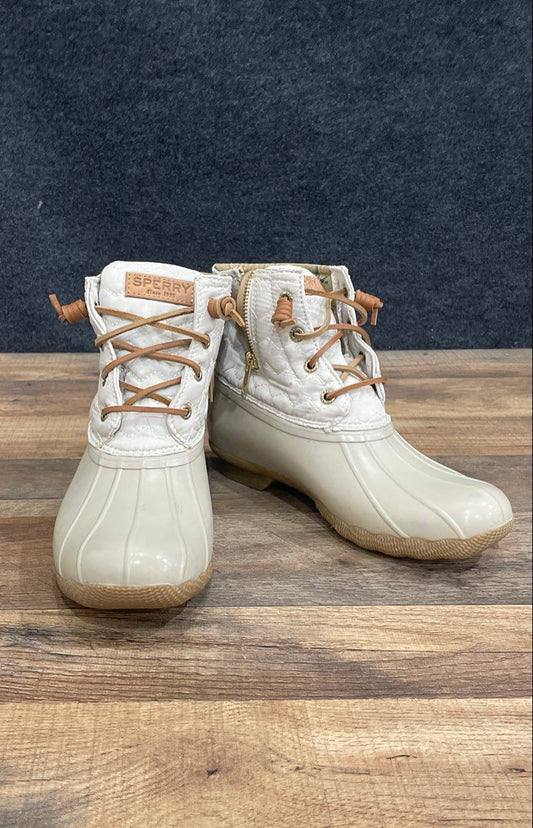 Sperry Saltwater Quilted Duck Boot White Tan Women's Ankle Boots Size 7.5
