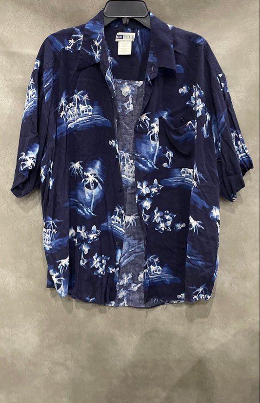 Vintage 90s Un Tied Men's Blue Floral Tropical Rayon Button Up Shirt Sz XL