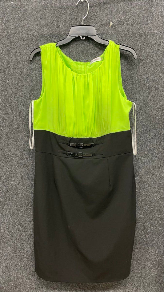 Calvin Klein Women's Black Green Colorblock Sheath Pleated Chiffon Dress Size 14