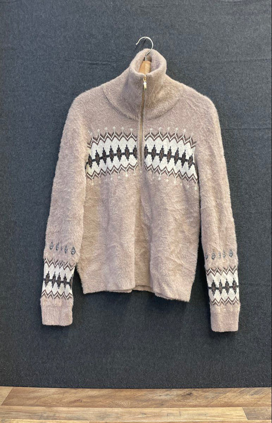 Belldini Women's Taupe Fuzzy Fair Isle Nordic Quarter Zip Sweater Sz L