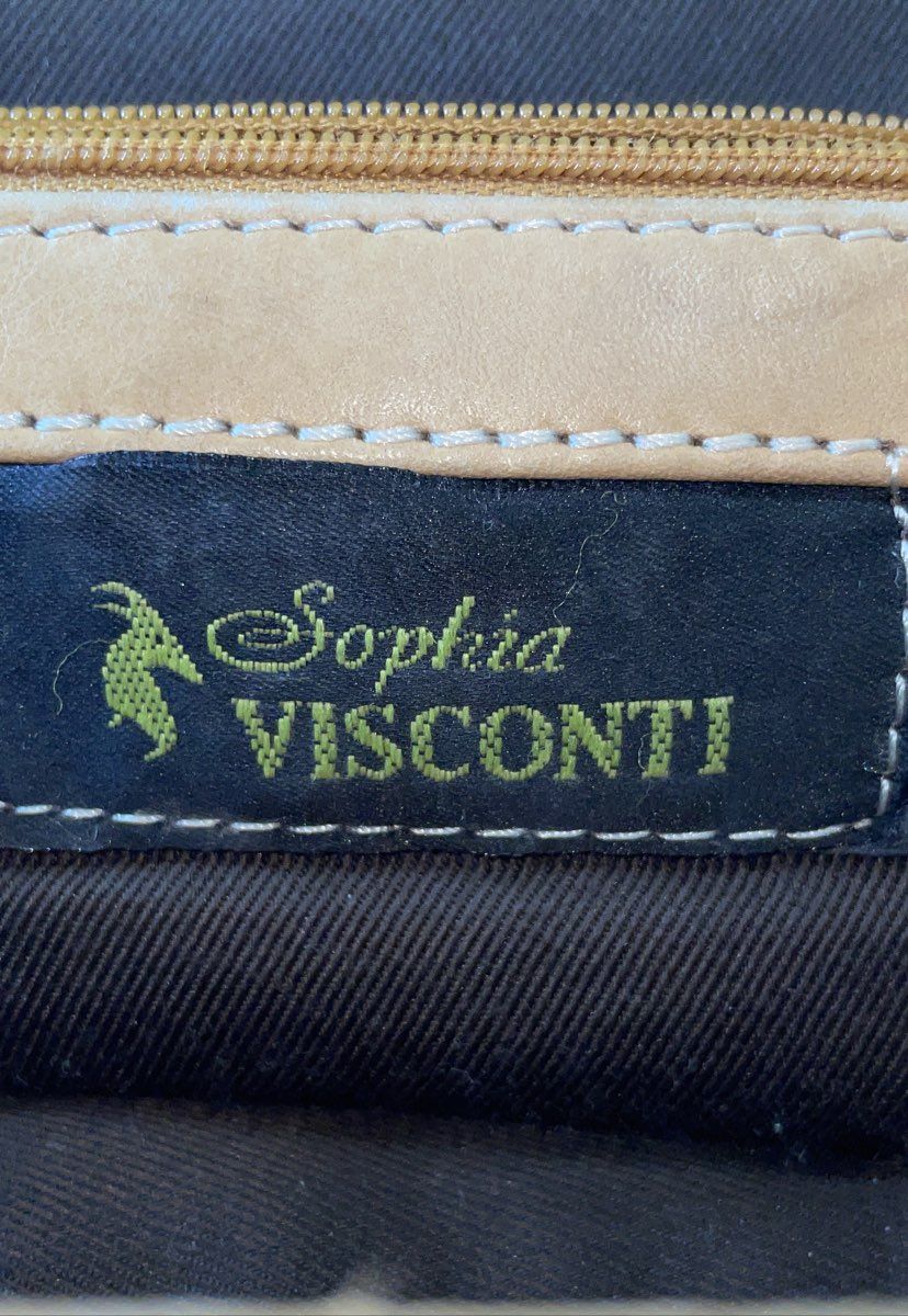 Sophia Visconti Cream Leather Multi Pocket Shoulder Bag Tote Brown Trim