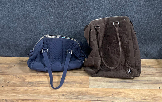Vera Bradley Brown & Navy Blue Quilted Fabric Handbag Tote Bag Lot of 2