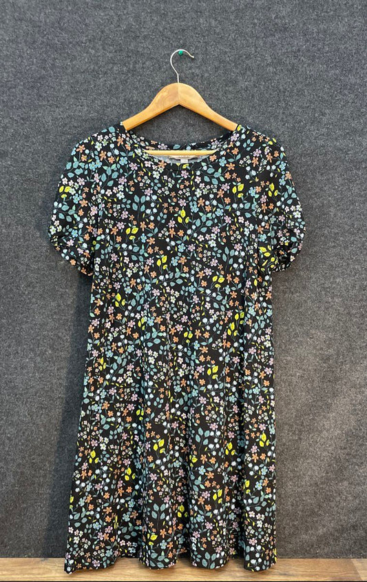 LOFT Women's Black Multicolor Floral Short Puff Sleeve Shift Dress Sz M NWT