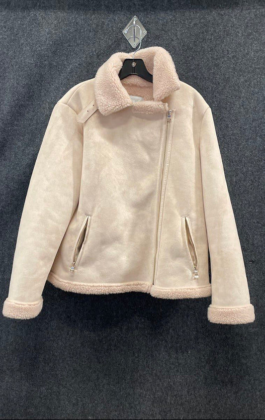 New York & Company Women's Pink Faux Suede Sherpa Lined Moto Jacket Coat Sz XL