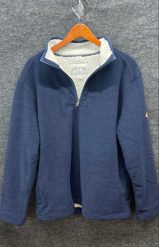 Orvis Men's Blue Textured Knit Quarter Zip Sherpa Lined Pullover Jacket Sz M