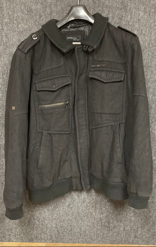 Vintage Y2K Rocawear Men's Black Wool Blend Field Military Bomber Jacket 3XL