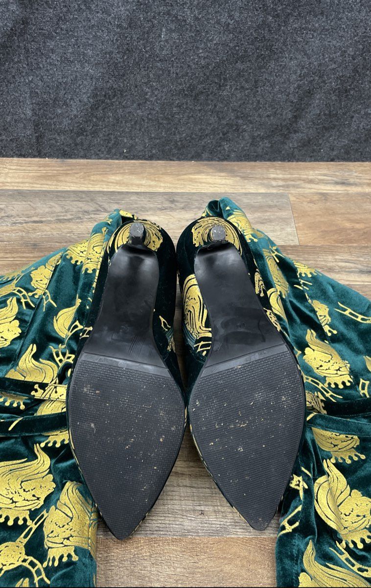 Chimzi Player Green Gold Lion Crest Velvet Thigh High Boots Women's Size 40
