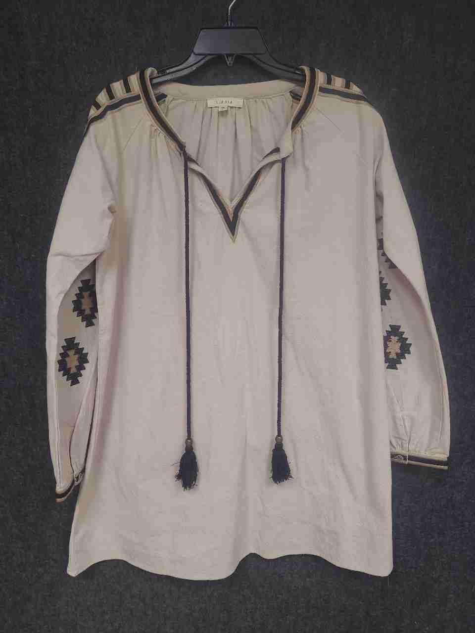 Ila Illa Women's Beige Embroidered Cotton Boho V-Neck Tunic Blouse Sz S